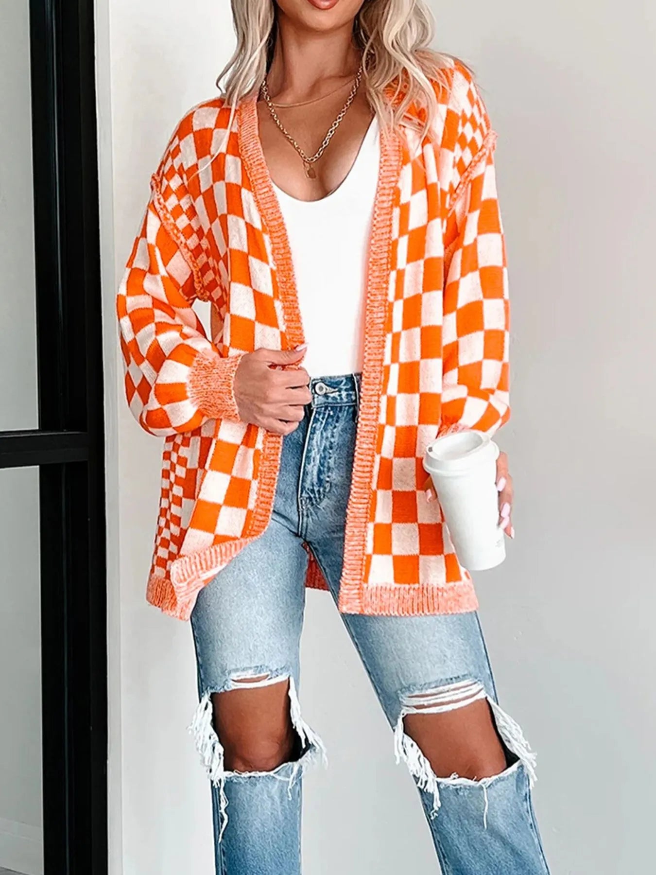 Checkered Pattern Open Front Cardigan - Fashorio