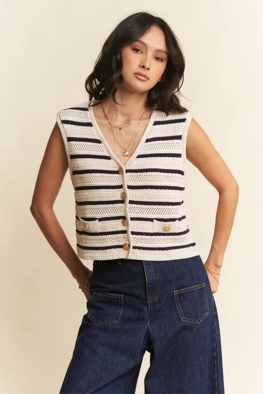 Striped Cropped Sweater Vest Top in White back view