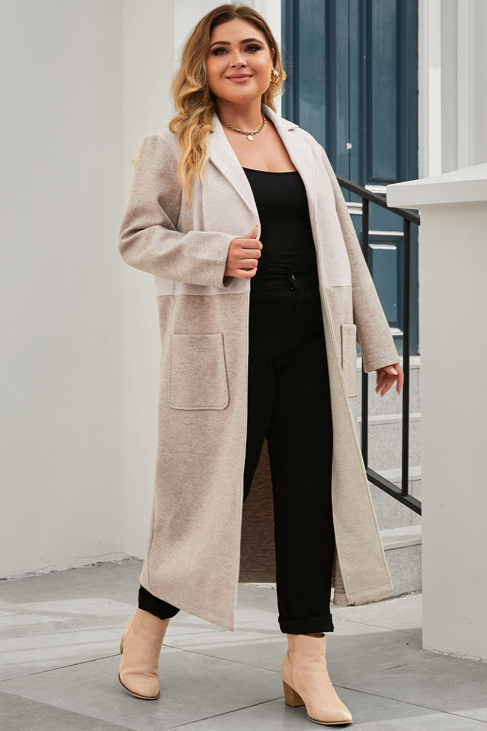 Plus Size Collared Neck Buttoned Longline Coat - Fashorio
