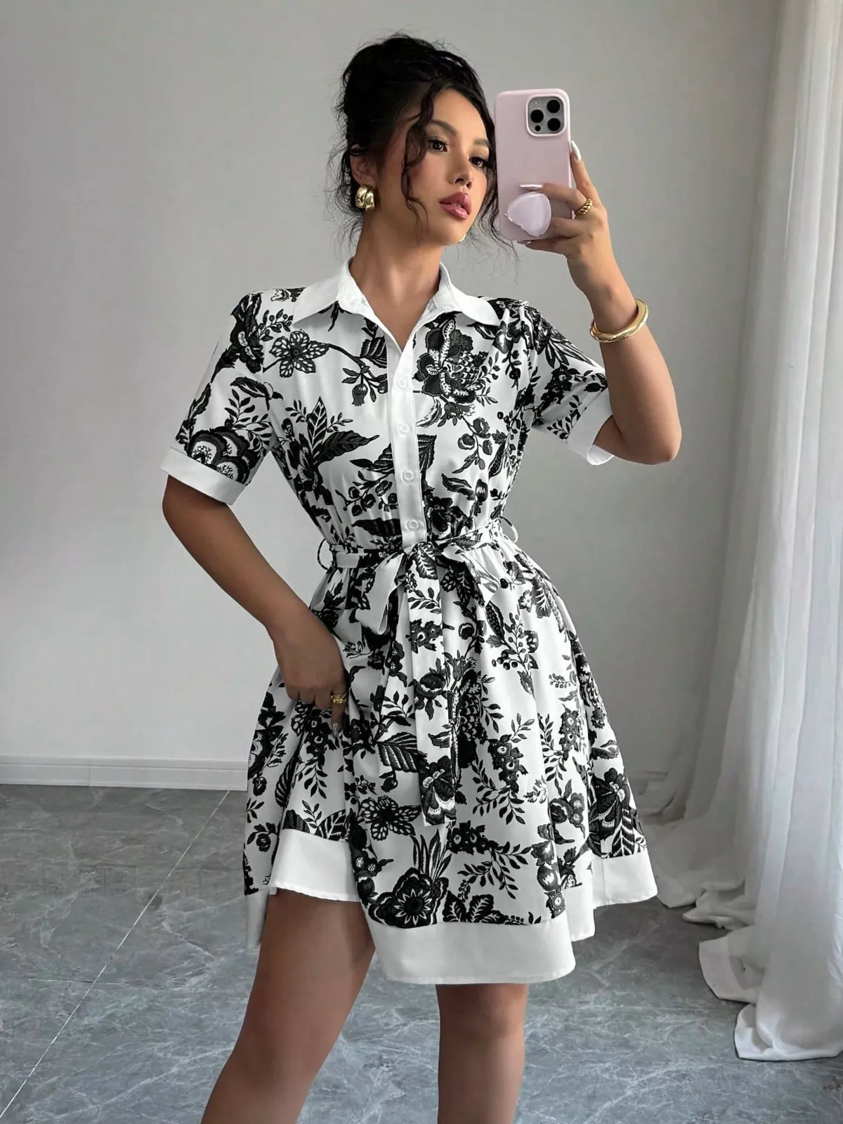 Printed button front belted mini dress back view