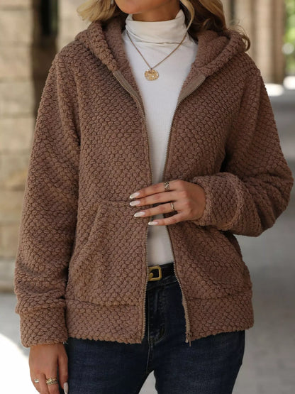 Textured Knit Zip-Up Hooded Outerwear - Fashorio