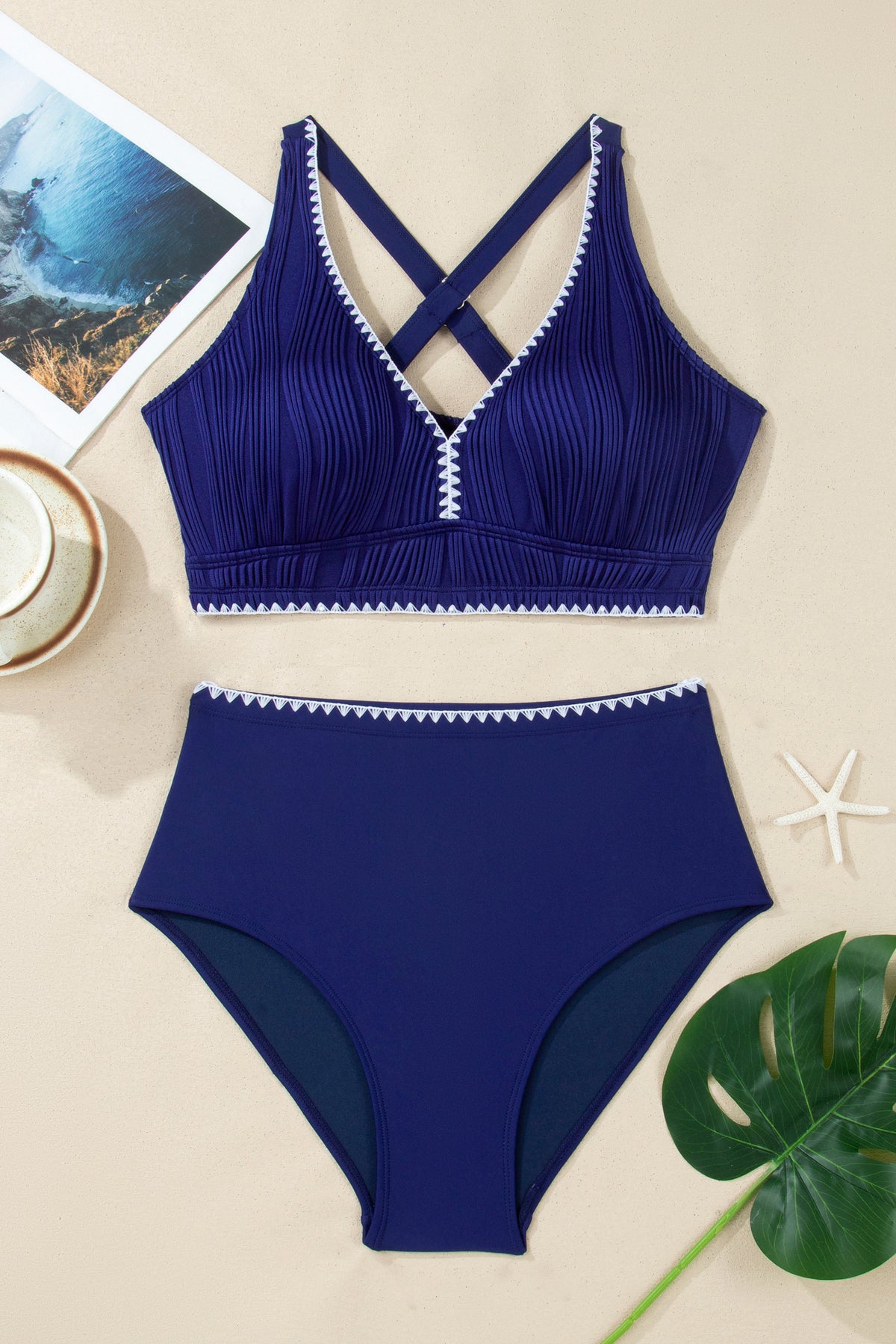 High waist navy bikini bottom coverage view