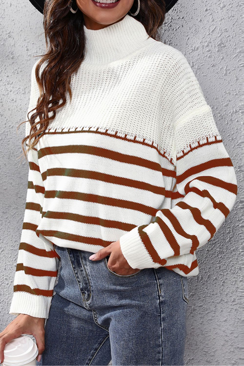 Striped Turtleneck Drop Shoulder Sweater - Fashorio