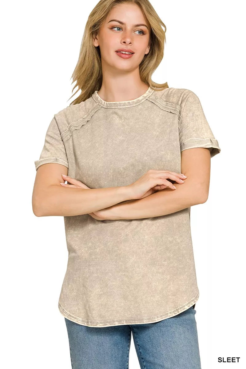 zenana french terry curved hem top front view