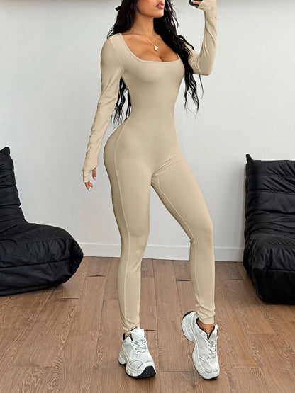 Square Neck Long Sleeve Active Jumpsuit - Fashorio