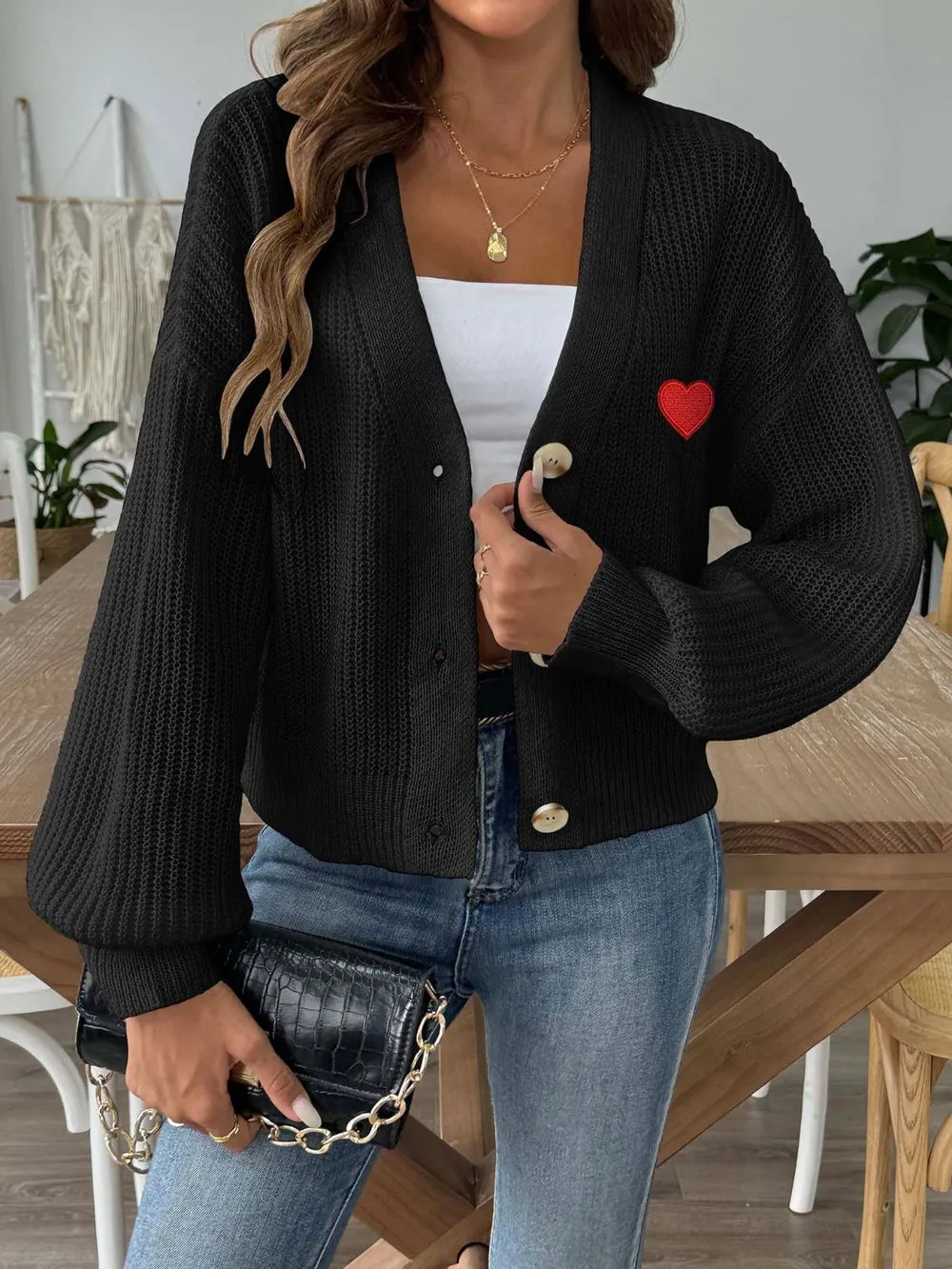 Heart Button Down V-Neck Long Sleeve Cardigan Black - Fashorio