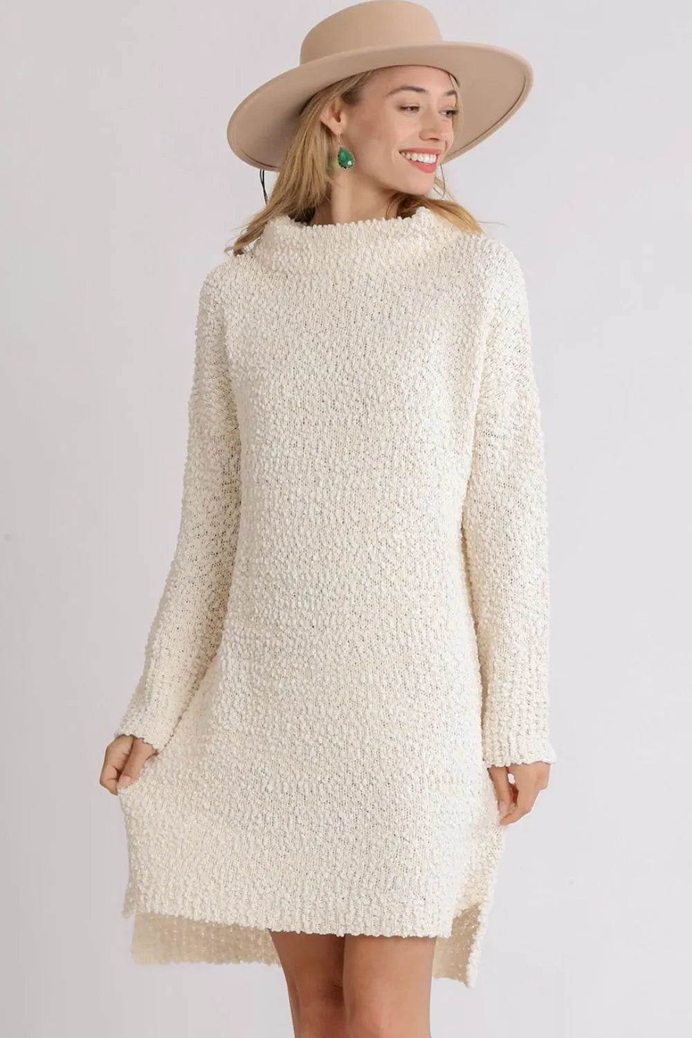 High Low Boucle Long Sleeve Sweater Dress Plus Size in Cream