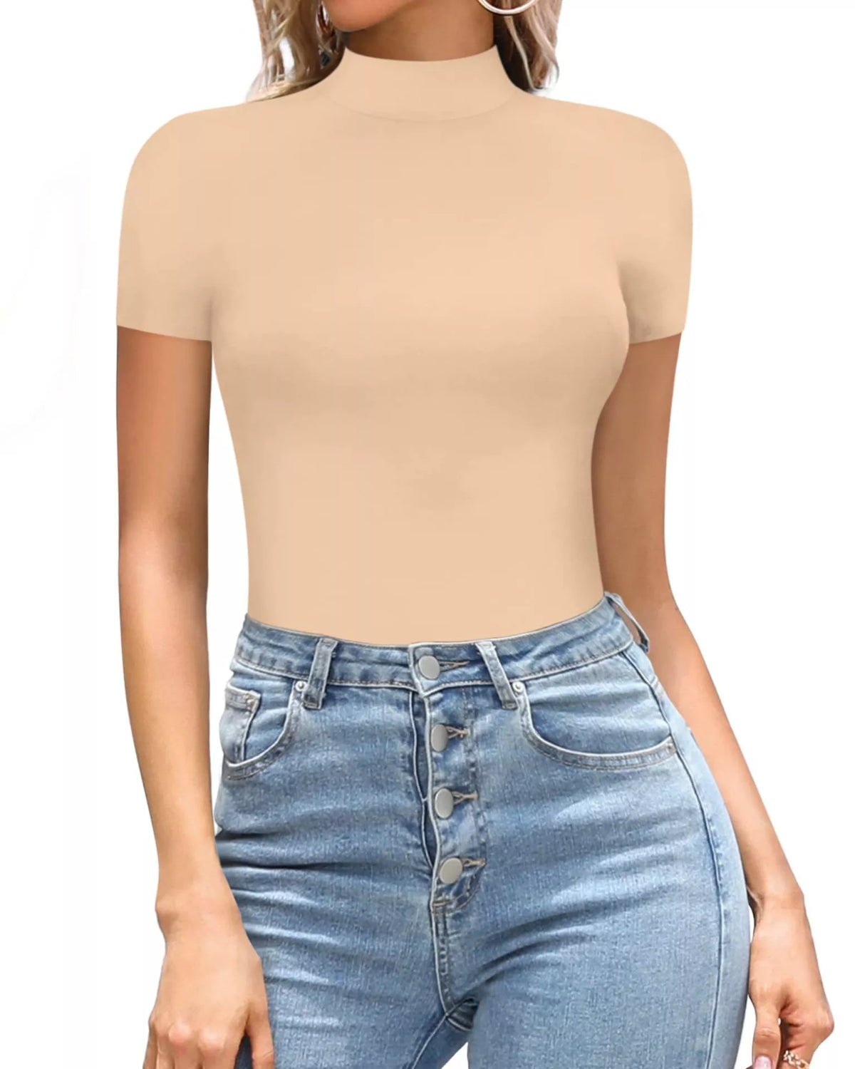 Mock neck short sleeve bodysuit close up view