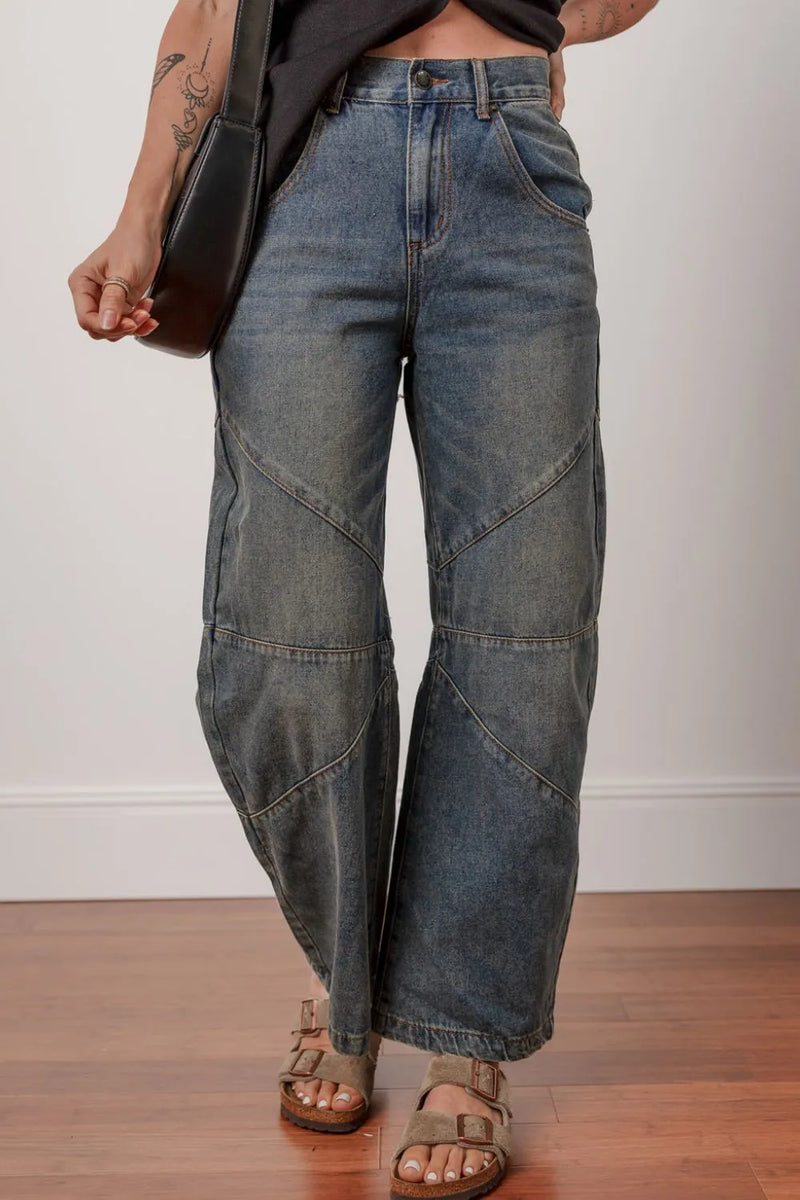 Exposed stitching loose straight jeans front view
