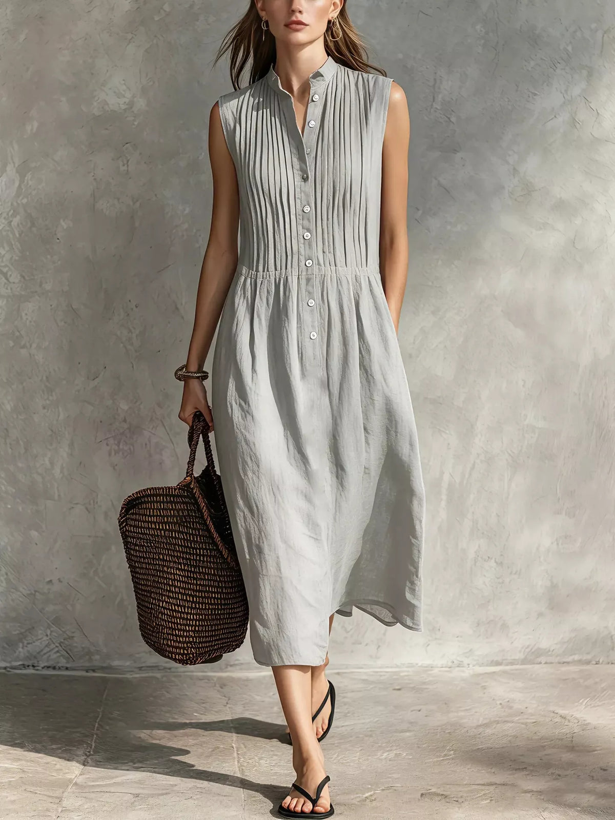 Sleeveless Button Front Midi Dress with Pockets, view 5