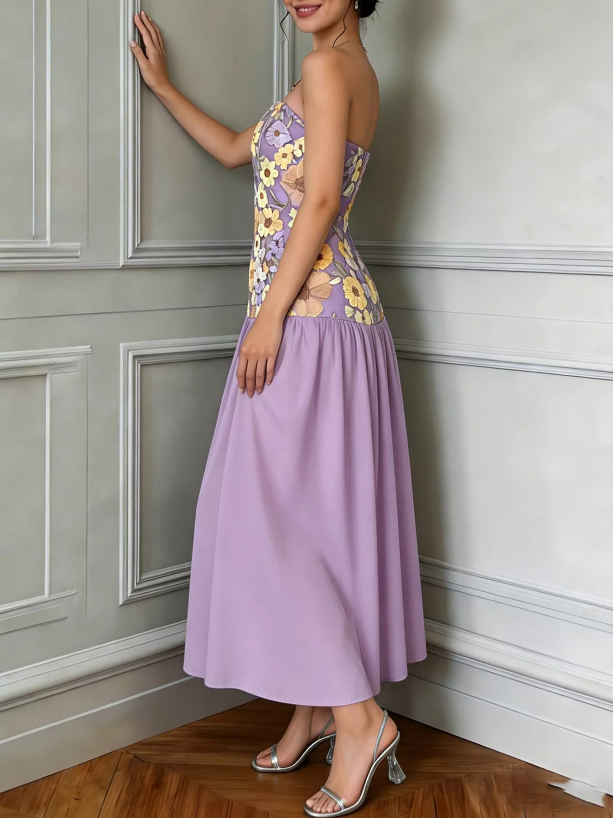 Floral embroidered strapless tube maxi dress fabric texture view