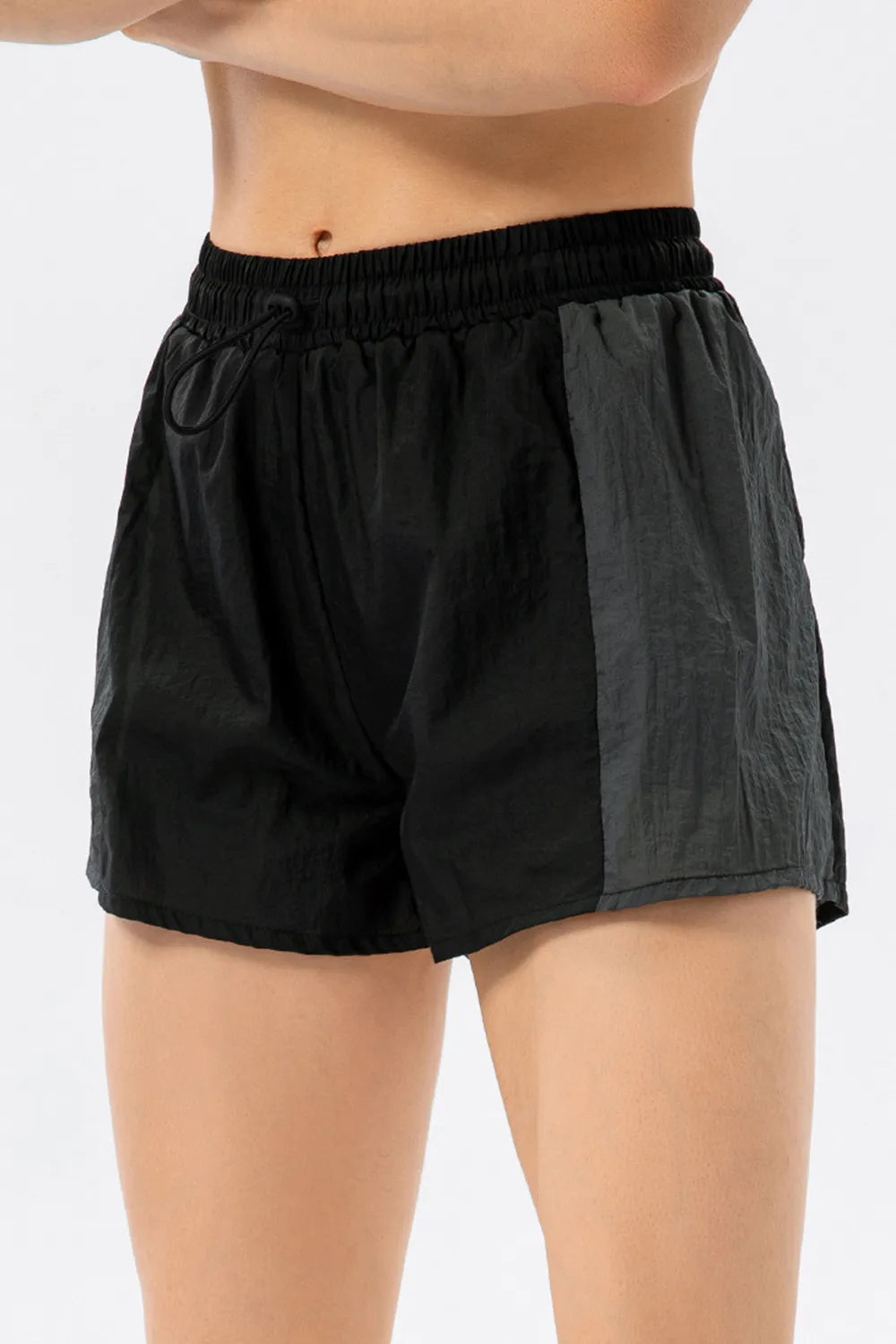 color block drawstring active shorts front view