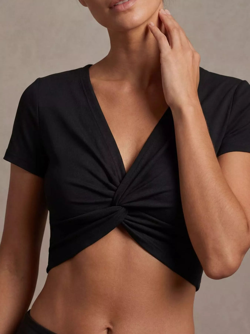 Black twist front cropped top, front view