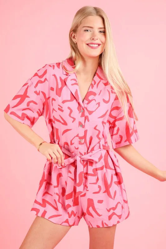Oversized Printed Button Down Resort Romper close up