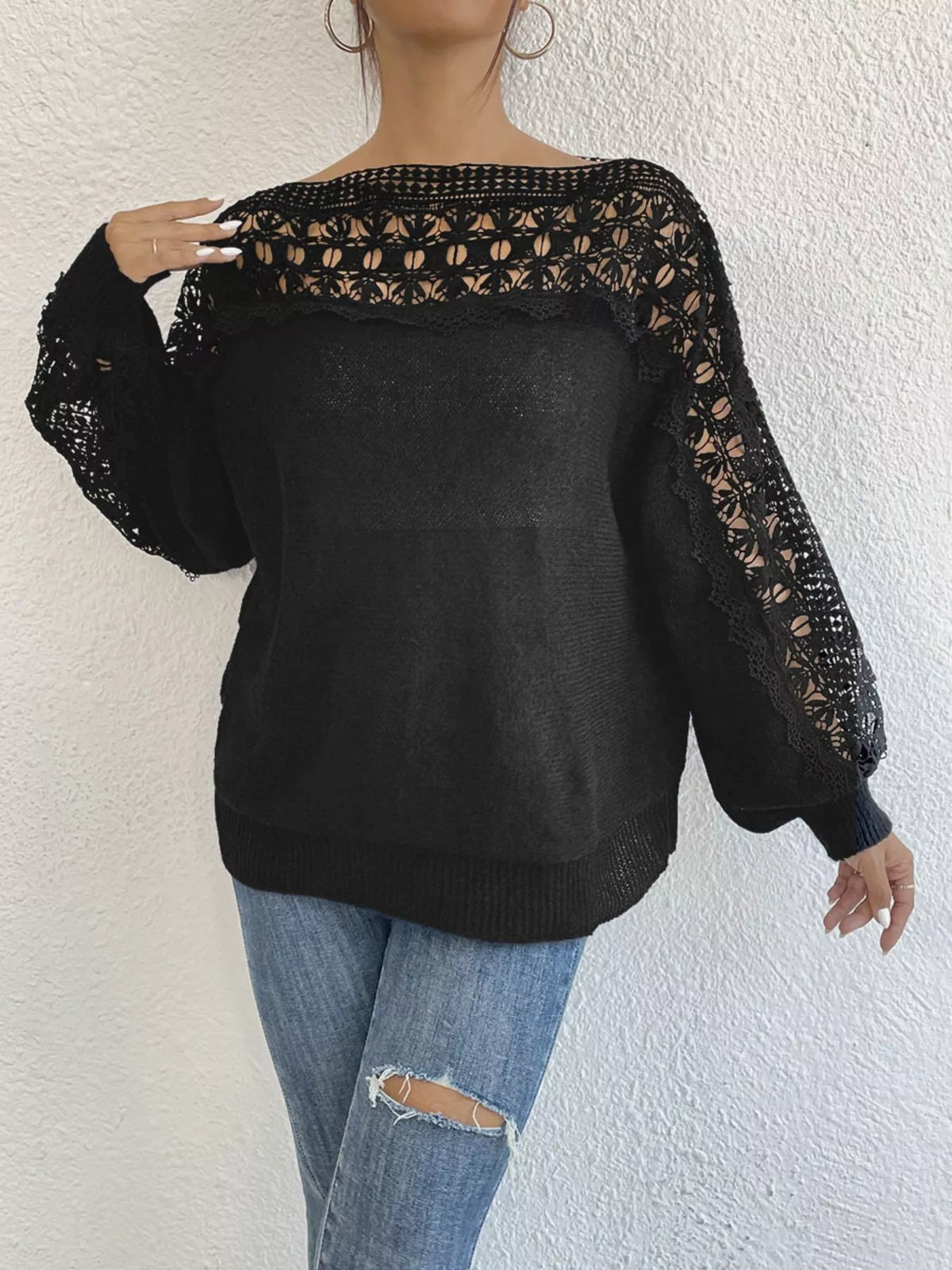 Black crochet sweater back view