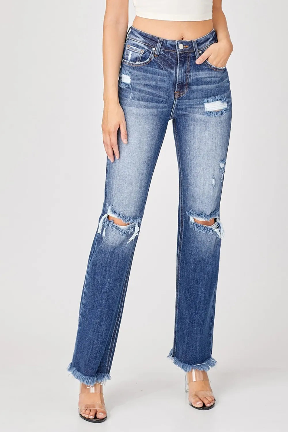 Risen Full Size Raw Hem Distressed Straight Jeans – High Waist Denim - Fashorio