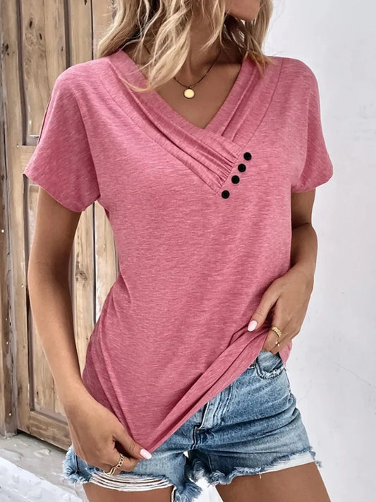 Decor Button Short Sleeve T-Shirt Red - Fashorio