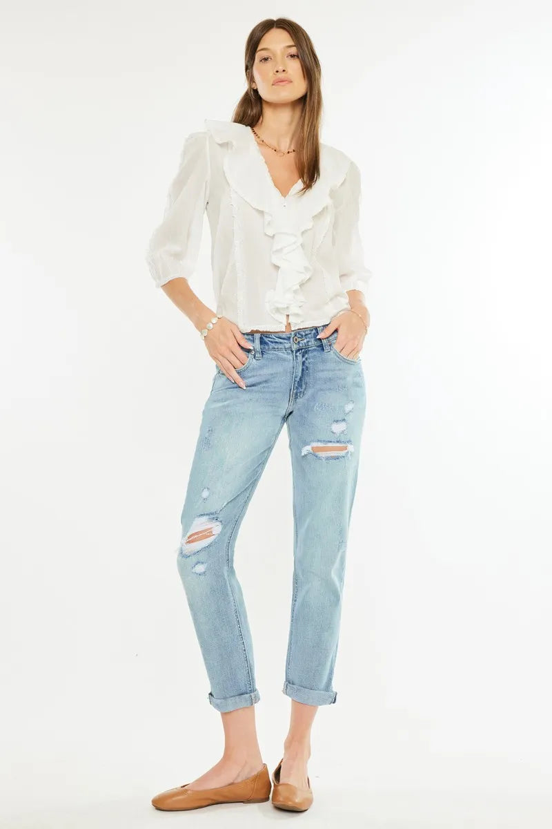 Kancan Mid Rise Distressed Boyfriend Fit Jeans - Fashorio