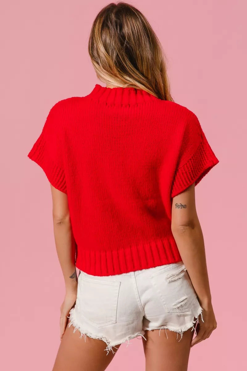 Heart Pattern Rib Banded Sweater in Red and Ivory view 16