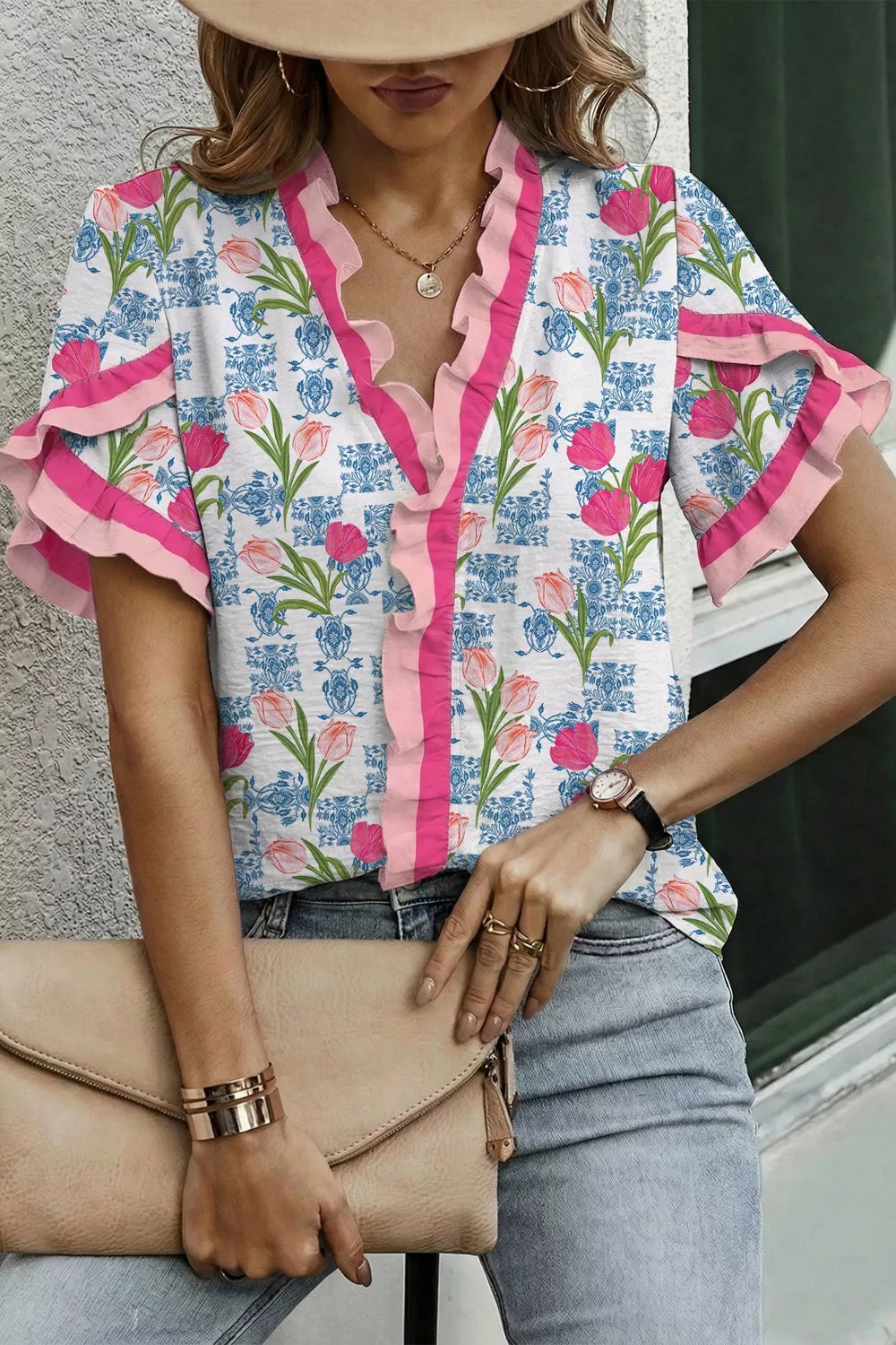 Dusty pink floral ruffle V neck short sleeve tunic front view