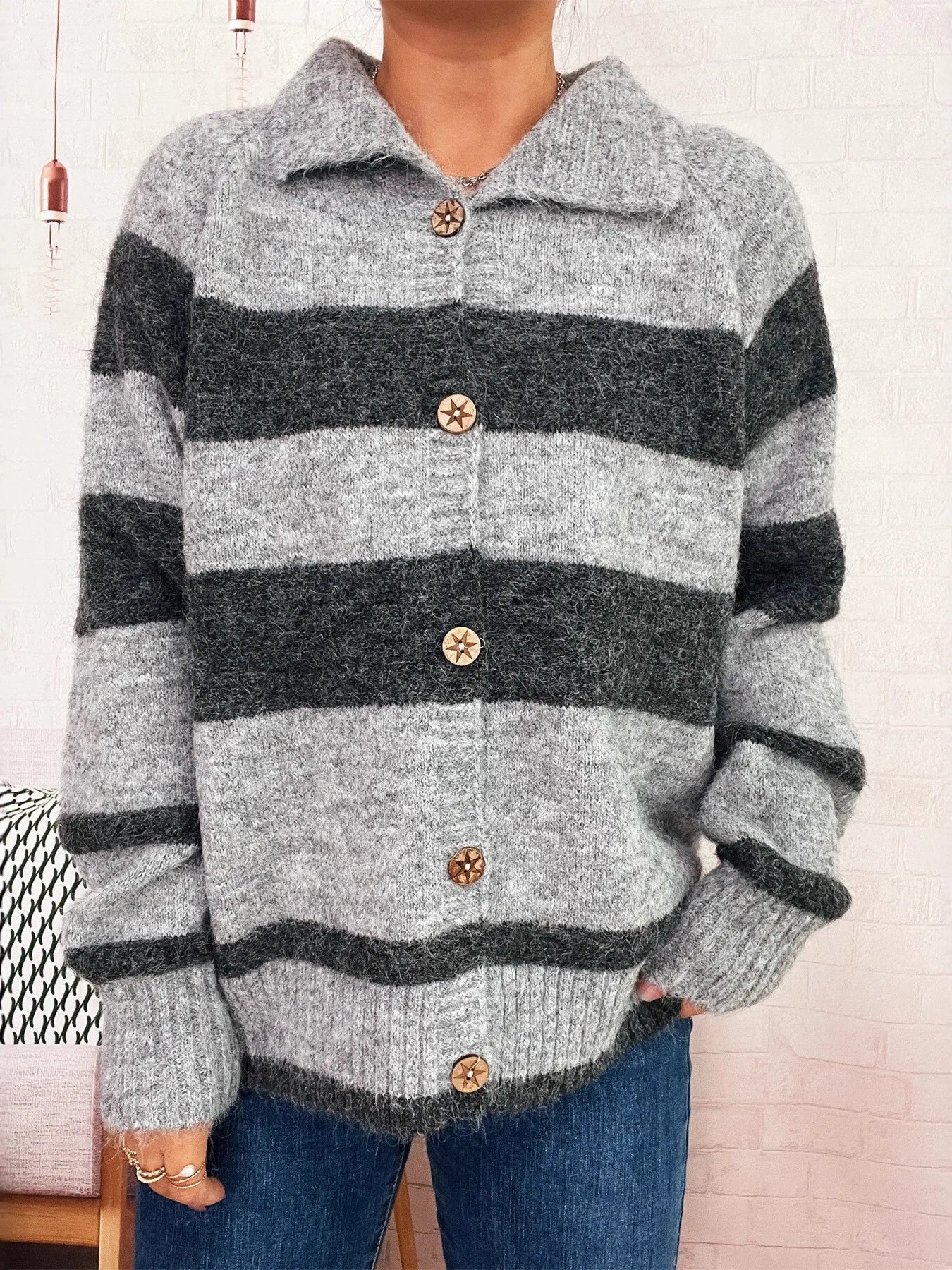 Striped Button-Up Cozy Cardigan - Fashorio