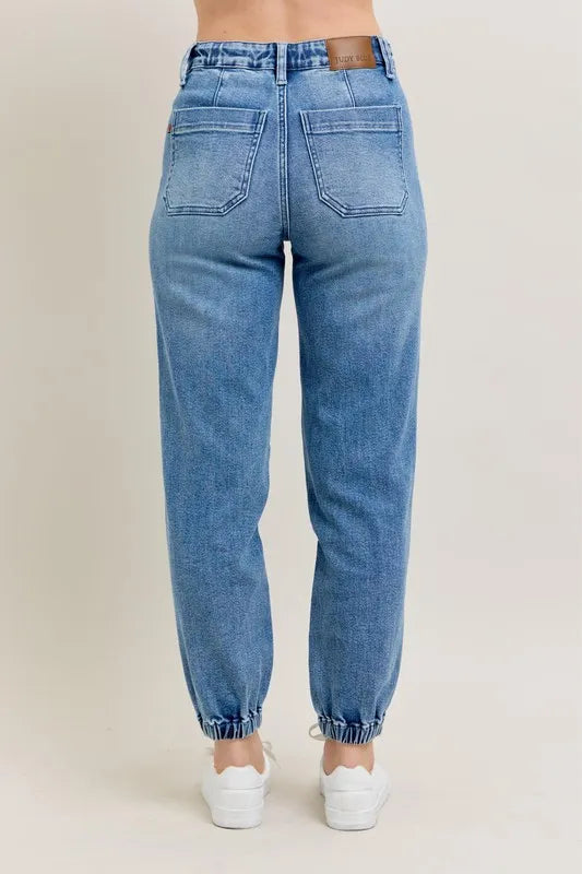 High waist denim joggers cuffed ankle detail