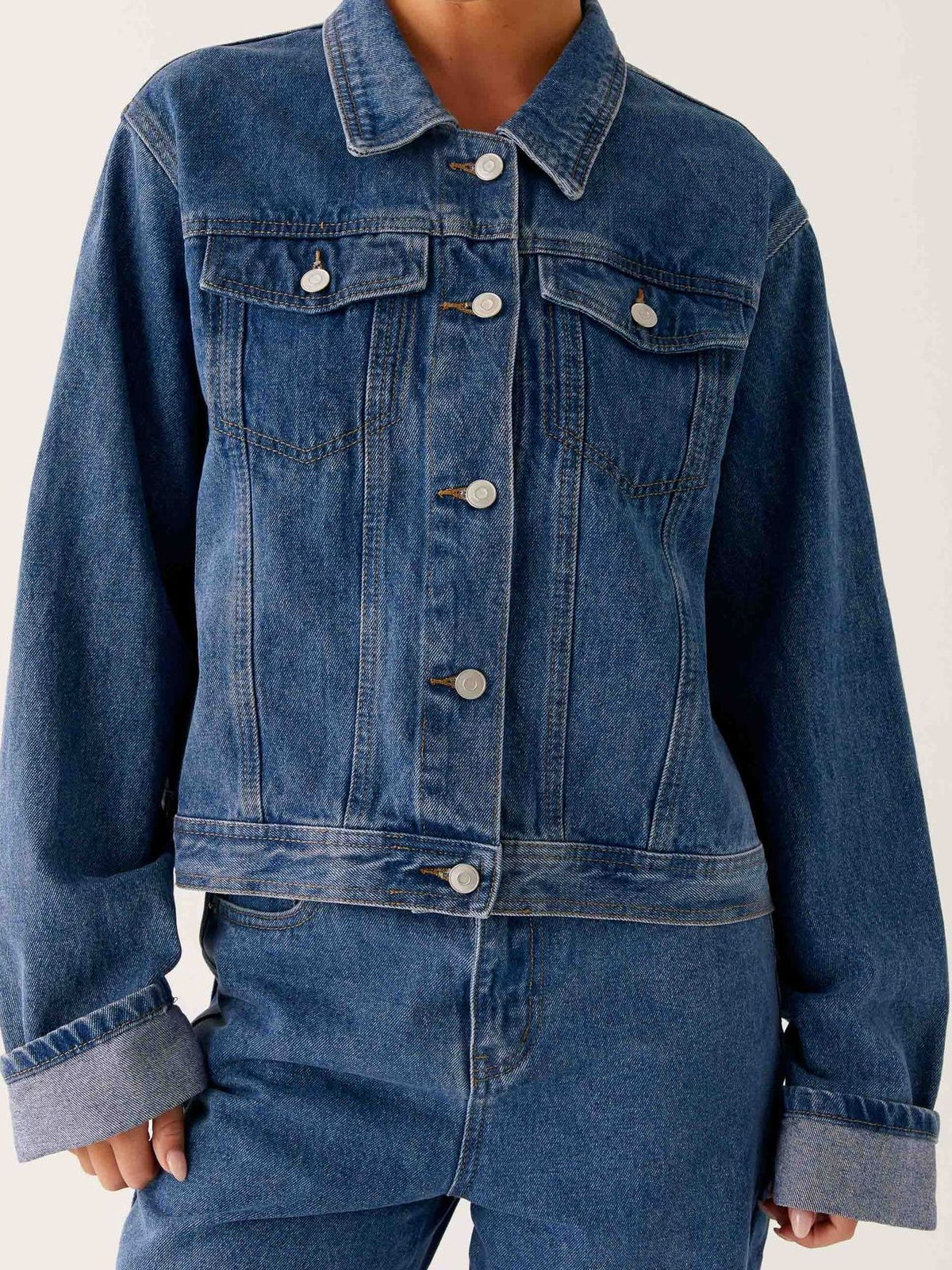 Cropped Oversized Denim Jacket in Dark Blue side view