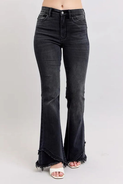 Judy Blue Full Size High Waist Flare W/ Mock Fray Tulip Hem Plus Size BK - Fashorio