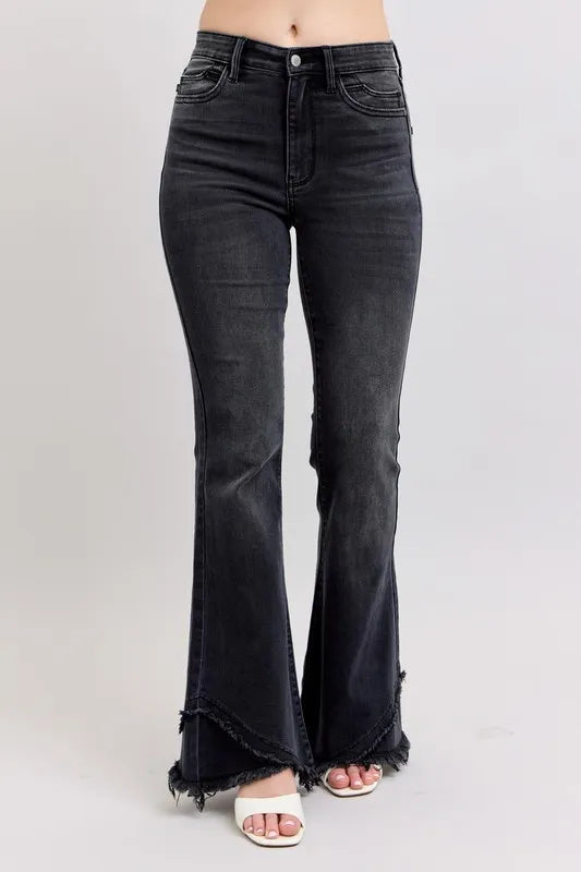 Judy Blue Full Size High Waist Flare W/ Mock Fray Tulip Hem Plus Size BK - Fashorio