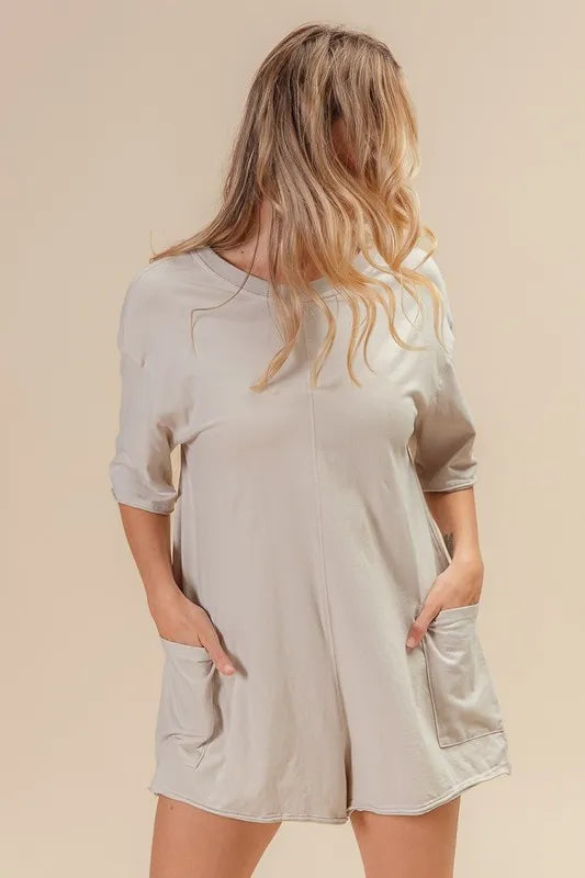 BiBi Short Sleeve Back Open Washed Romper - Fashorio