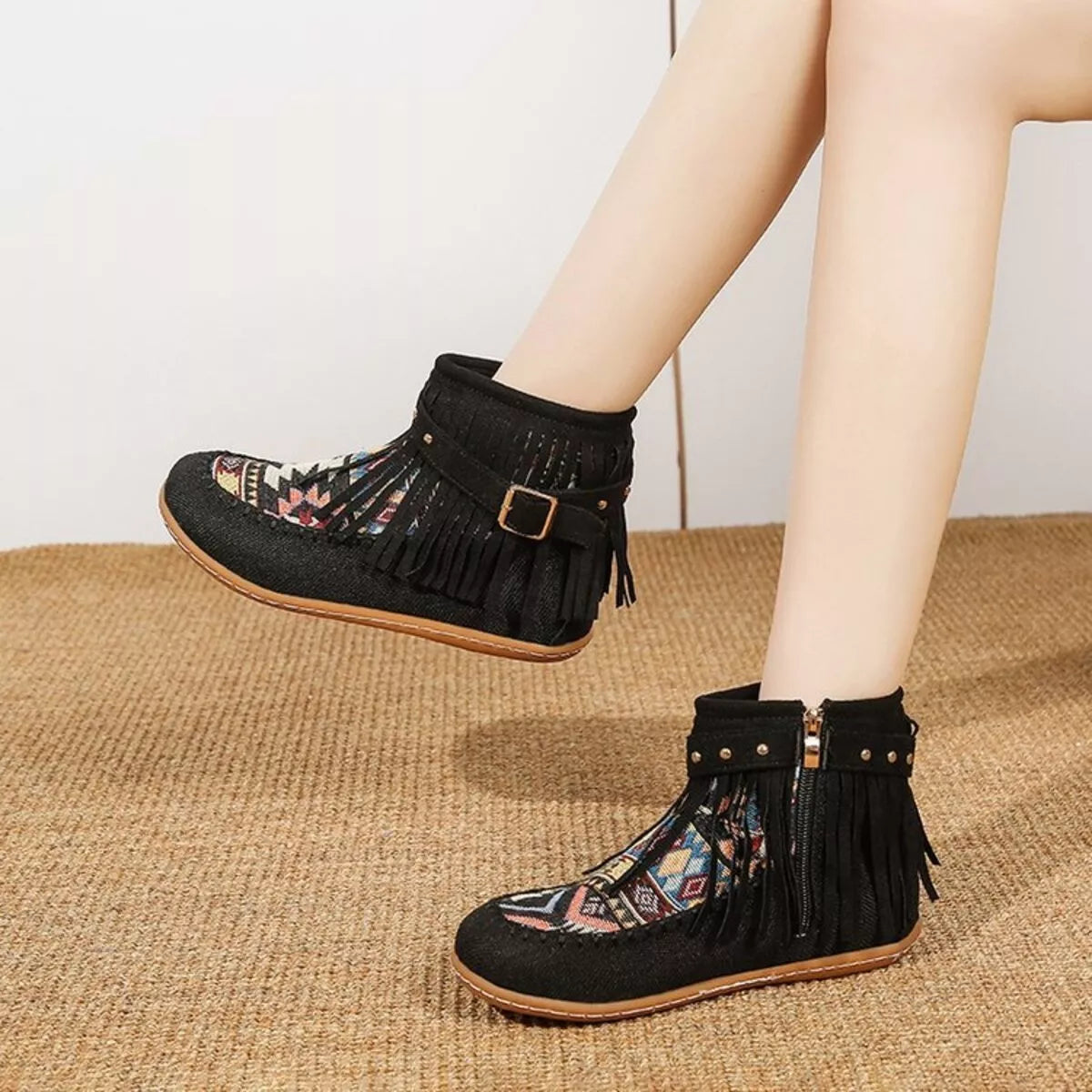 Fringe side zipper ankle boots in Black, front view