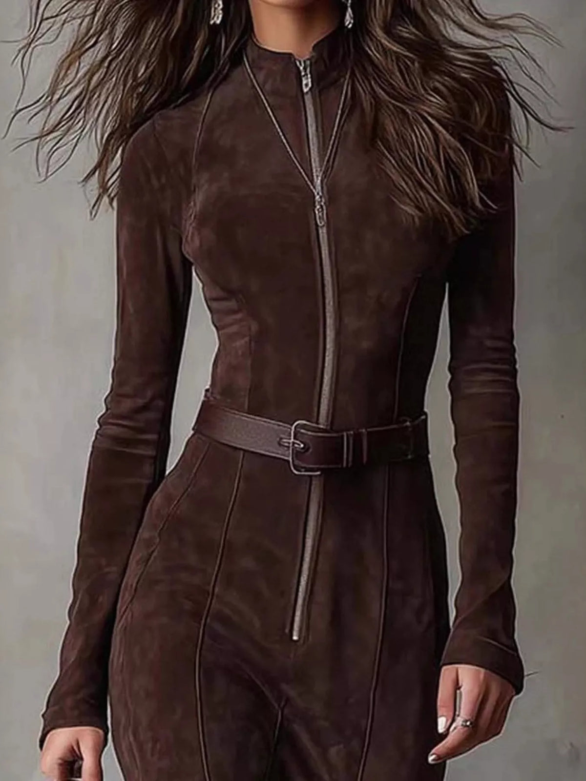 Long sleeve maxi dress front zipper detail