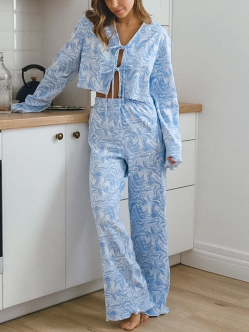 Tie front long sleeve top and pants lounge set in light blue front view