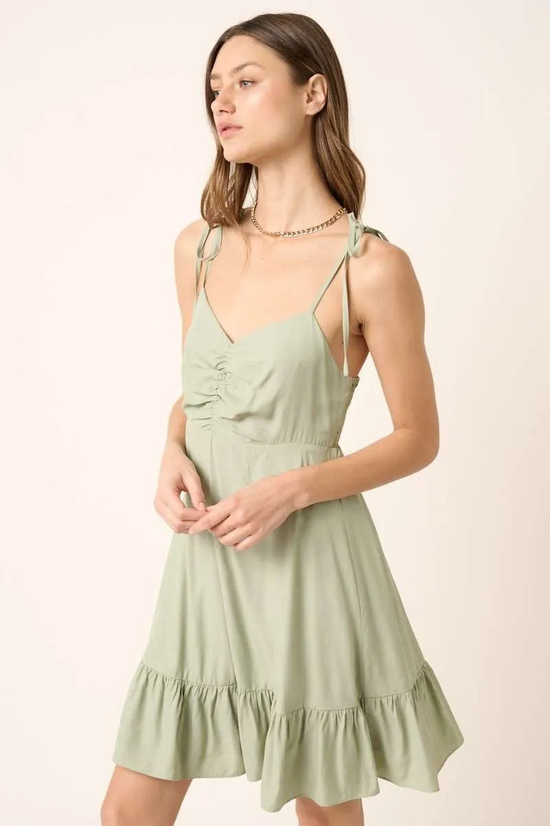 Ruched Spaghetti Strap Mini Dress in Sage back view