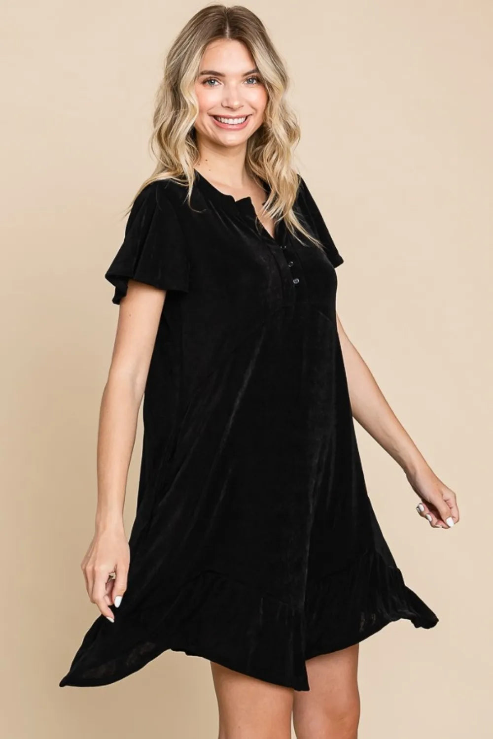 Ruffled Asymmetric Hem Dress in Black side view