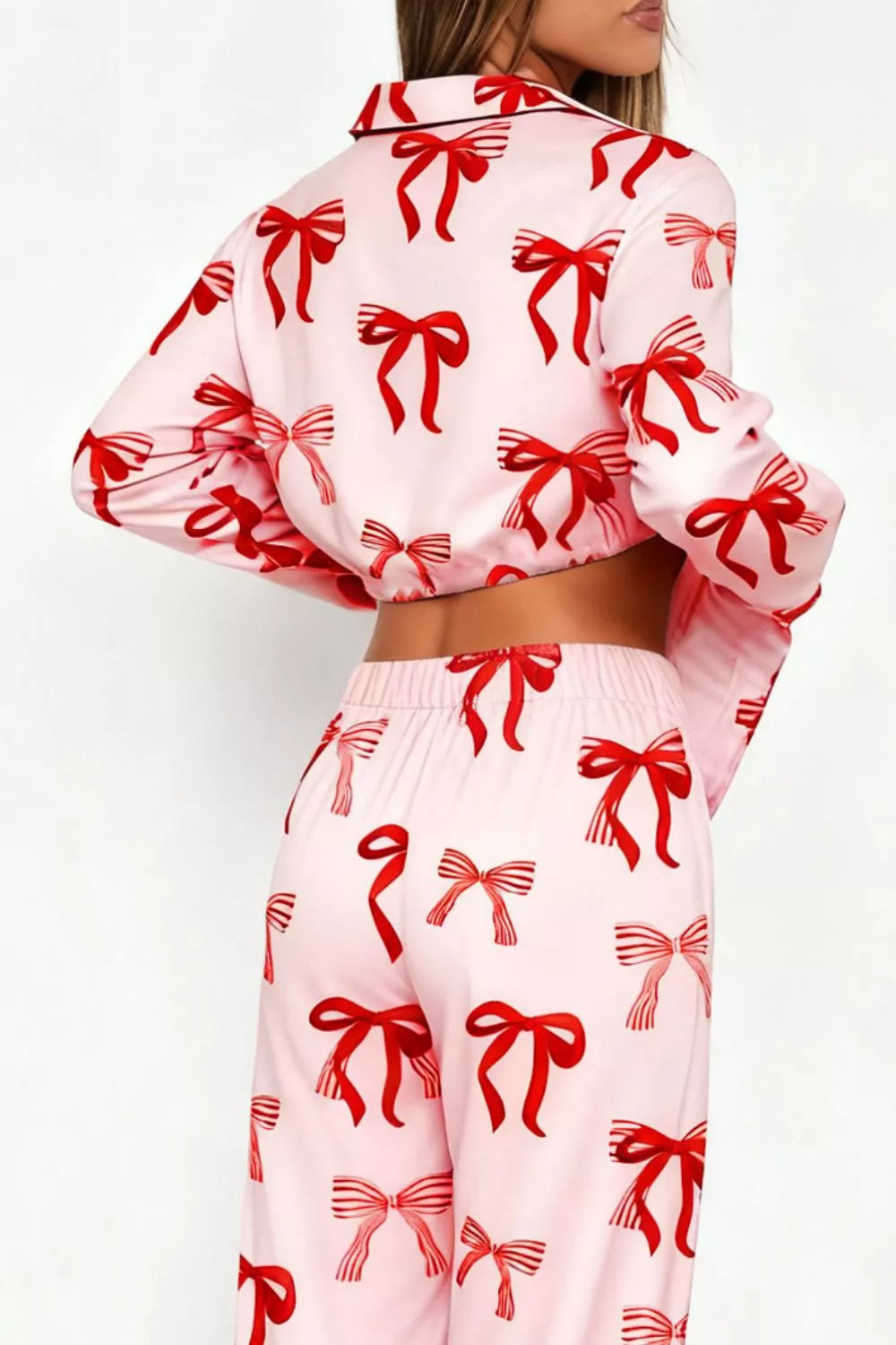 Bow Print Top and Wide Leg Pants Lounge Set, view 8