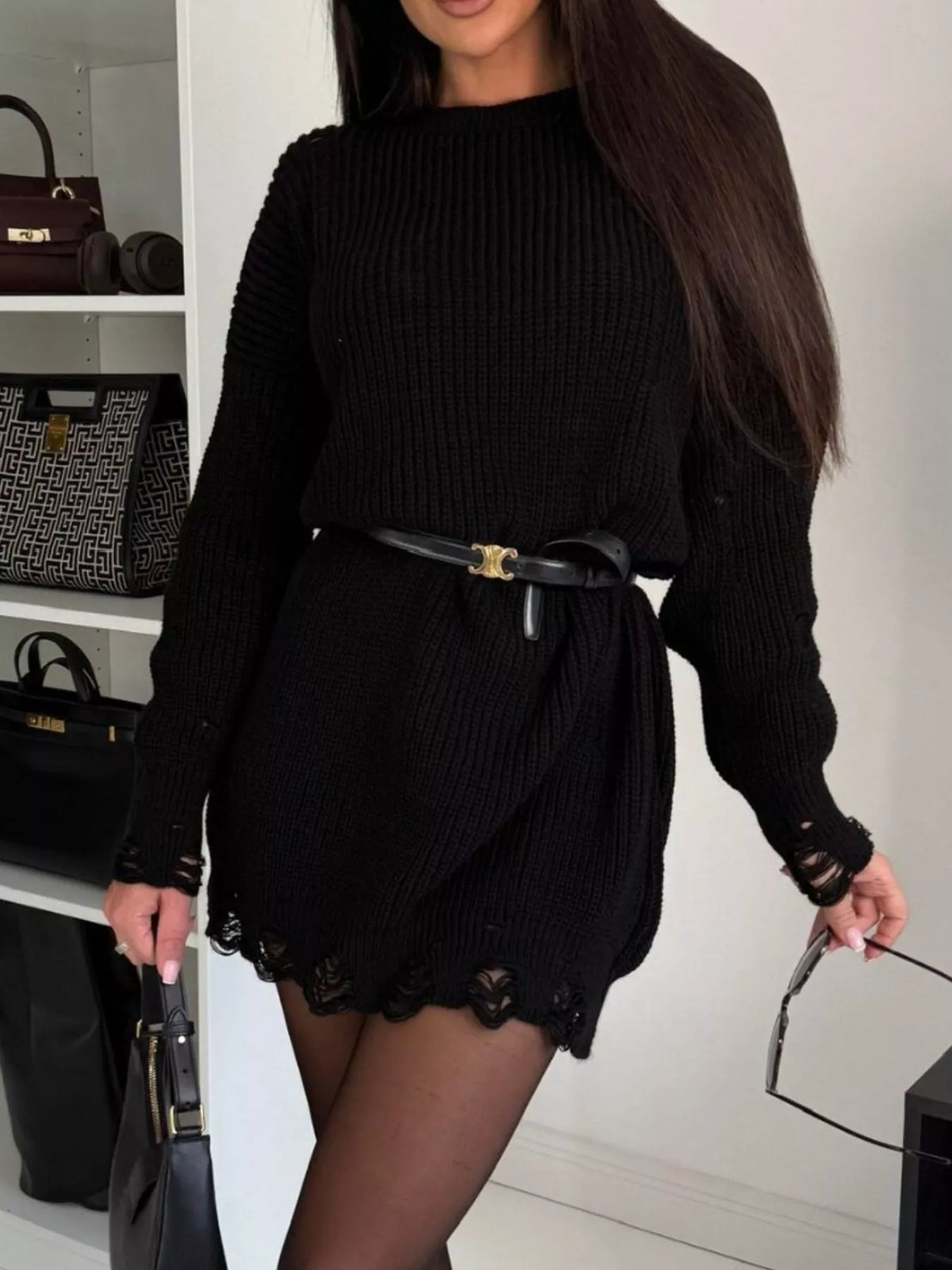 distressed drop shoulder sweater dress fabric knit detail