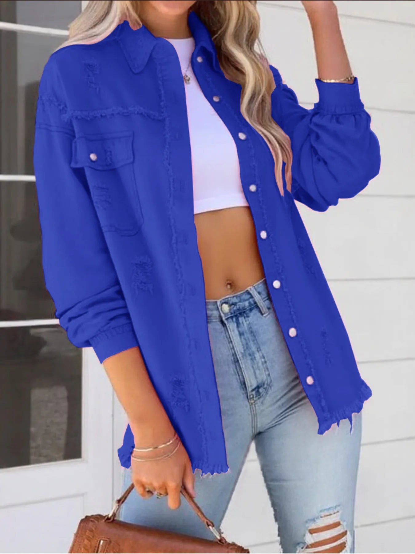 Distressed Denim Jacket with Frayed Edges Blue - Fashorio