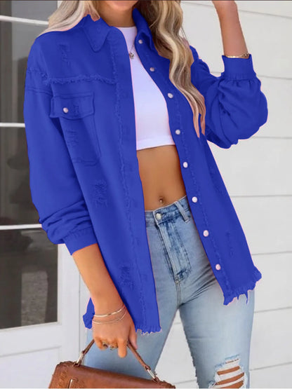 Distressed Denim Jacket with Frayed Edges Blue - Fashorio