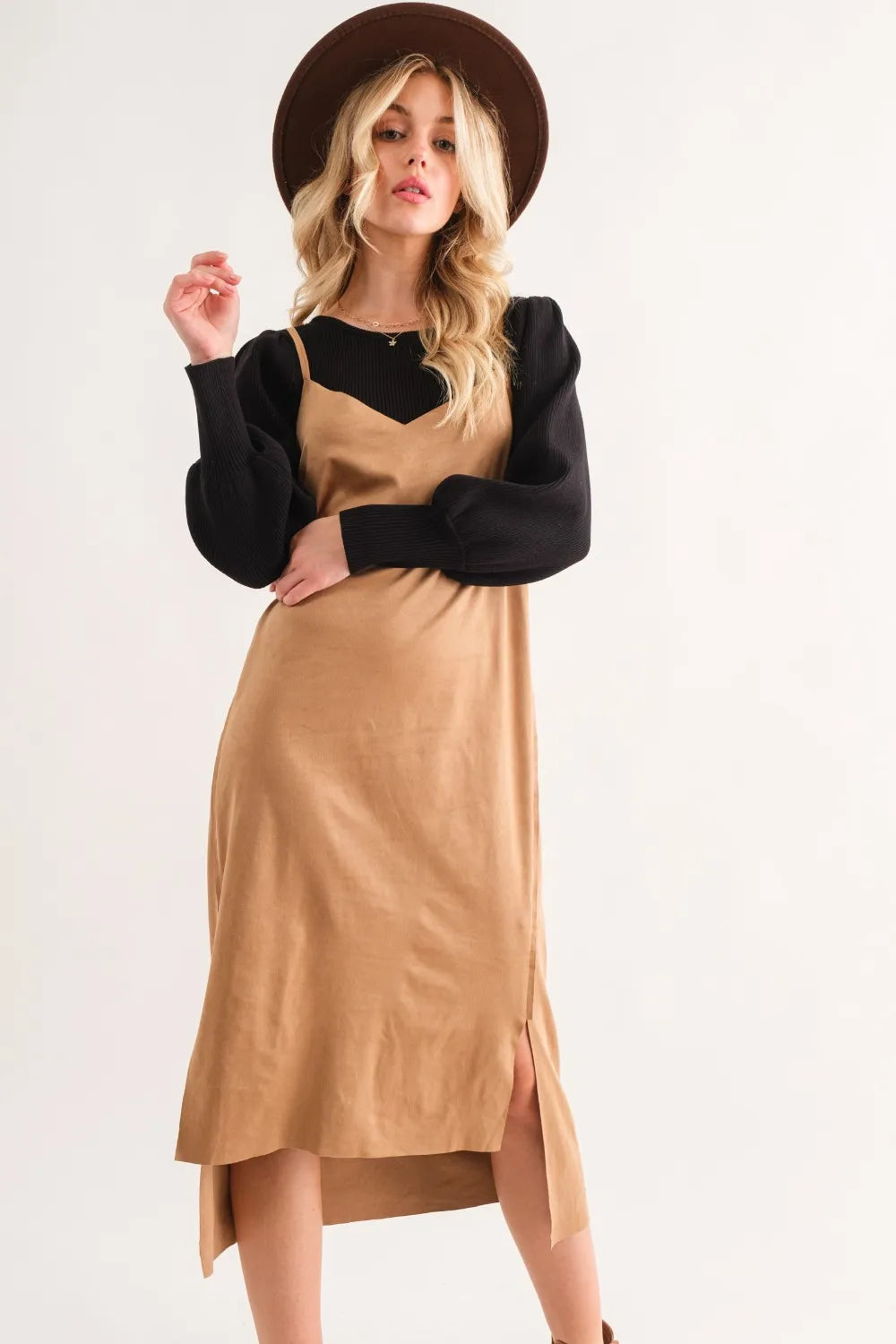 Faux Suede Cut Edge Slit Cami Midi Dress side view