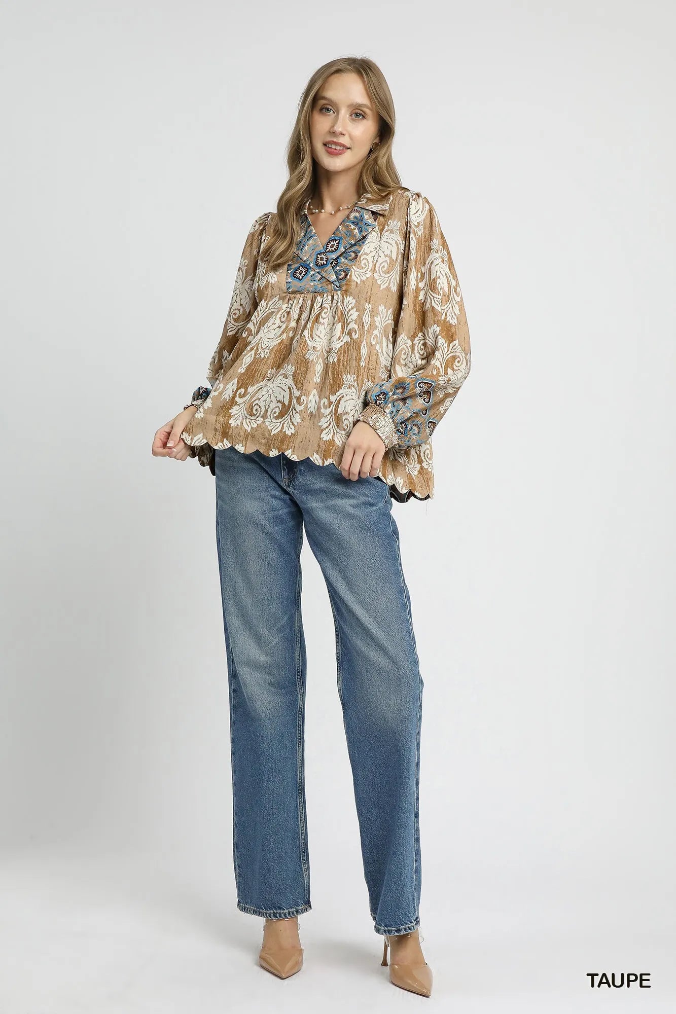 Umgee Floral Boho Blouse with Scalloped Hem - Fashorio