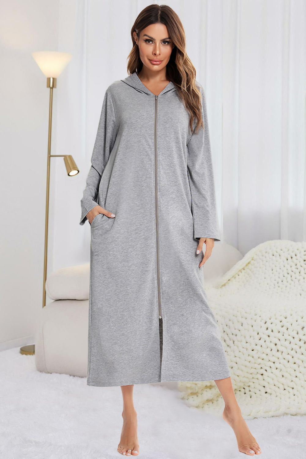 Zip Front Hooded Night Dress with Pockets Light Gray - Fashorio