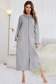 Zip Front Hooded Night Dress with Pockets Light Gray - Fashorio