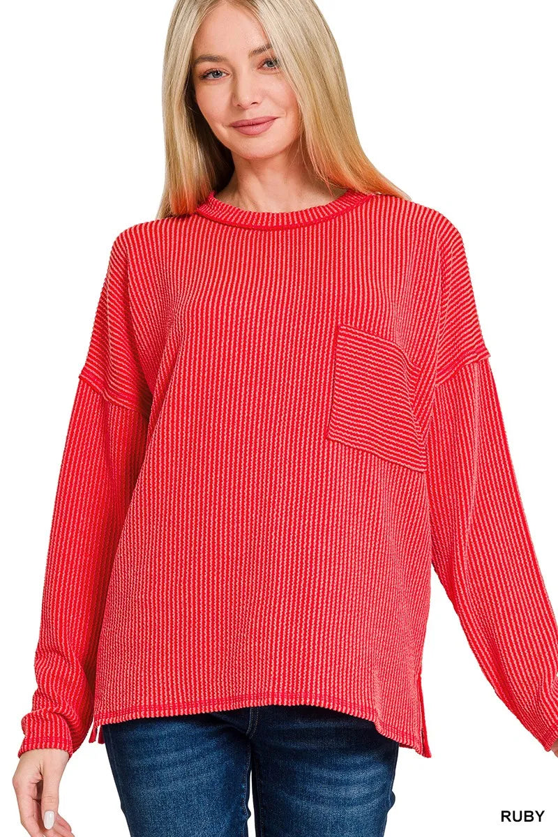 Zenana Long Sleeve Drop Shoulder Rib Top - Fashorio