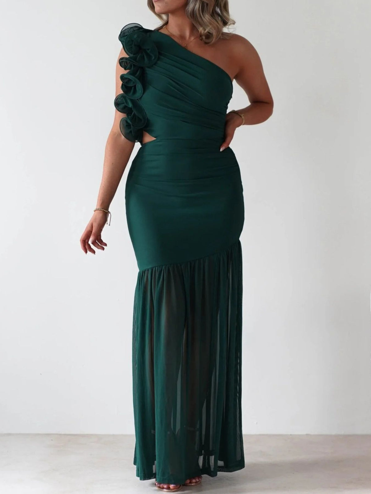 one shoulder ruffle trim maxi dress front view