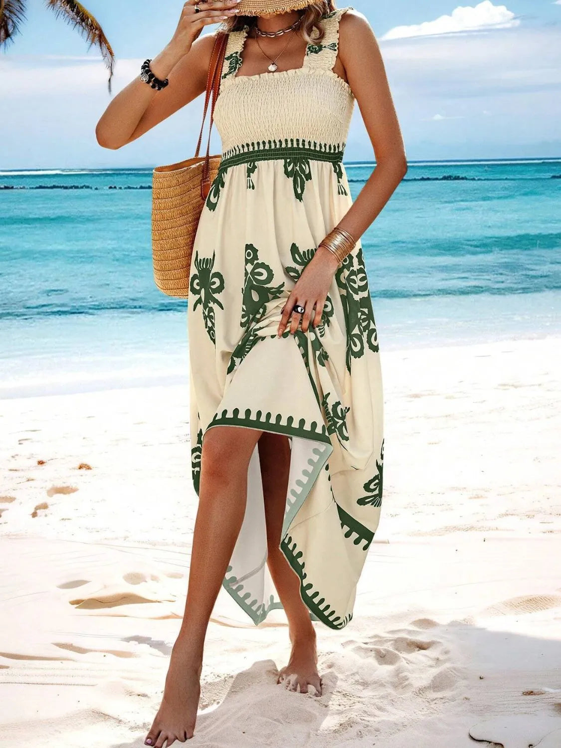 Smocked Printed Wide Strap Maxi Dress, view 12