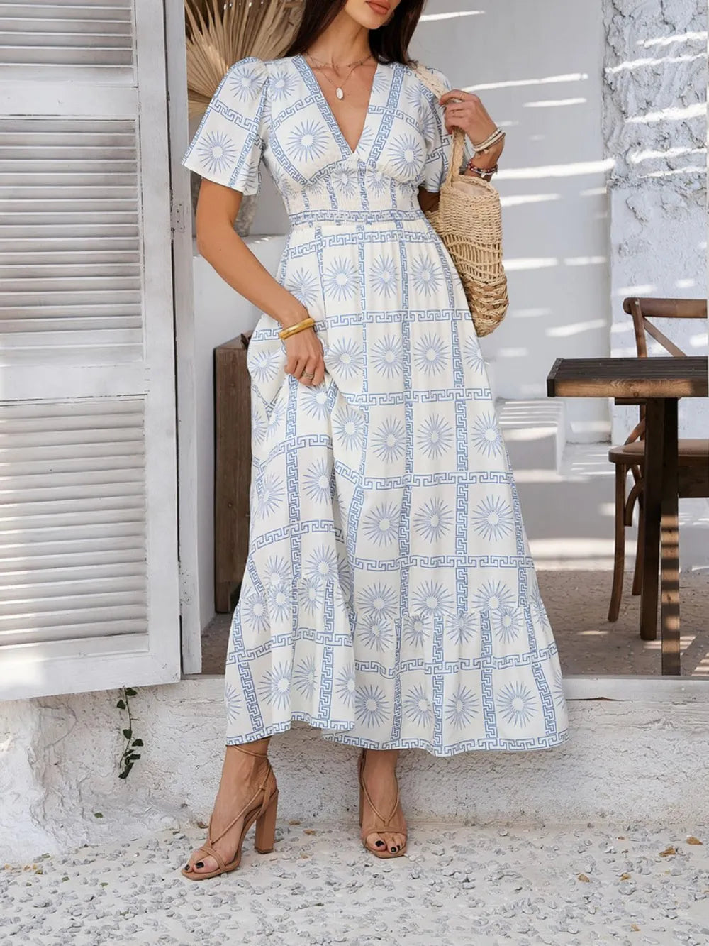 Smocked bodice maxi dress detail