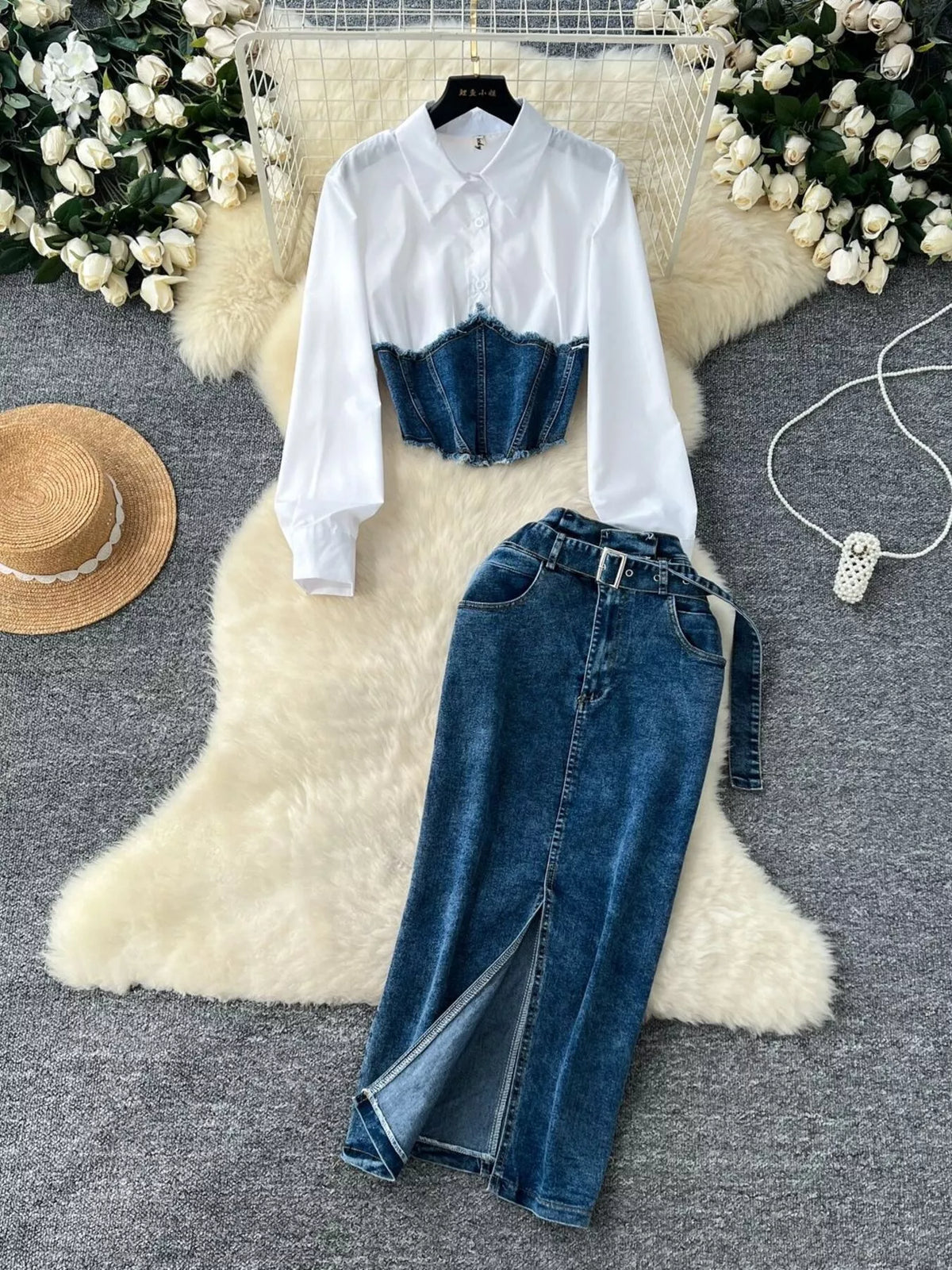 Frayed denim top patchwork and raw hem detail