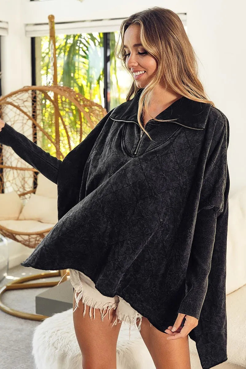 BiBi Vintage Washed Quilted Half Zip Top - Fashorio