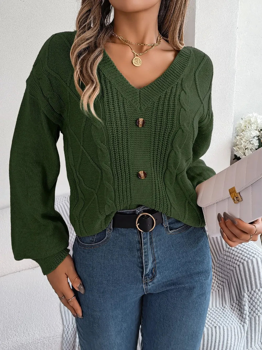 Cable-Knit Buttoned V-Neck Sweater - Fashorio